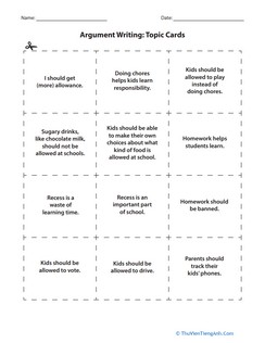 Argument Writing: Topic Cards