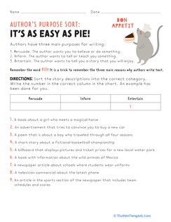 Author’s Purpose Sort: It’s as Easy as Pie!