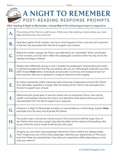 Book Study: A Night to Remember: Post-Reading Response Prompts