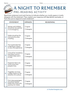 Book Study: A Night to Remember: Pre-Reading Activity