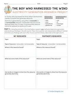 Book Study: The Boy Who Harnessed the Wind: Electricity Generation Research Project