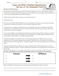 Cause and Effect Reading Comprehension: My Day at the Amusement Park