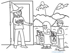 Color the Halloween Trick or Treat Scene