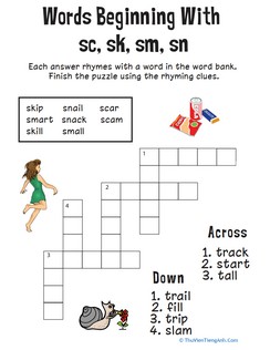 Consonant Crossword: Words Beginning with Sc, Sk, Sm, Sn
