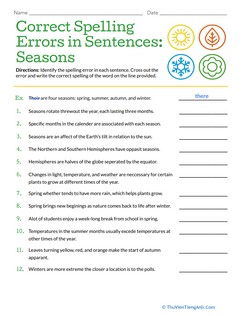 Correct Spelling Errors in Sentences: Seasons