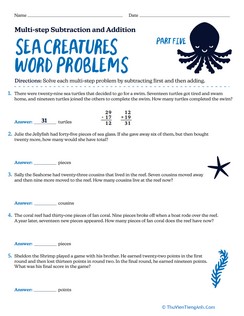 Sea Creatures Word Problems: Multi-step Subtraction and Addition