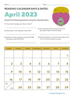 Reading Calendar Days and Dates: April 2023