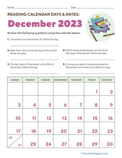 Reading Calendar Days and Dates: December 2023