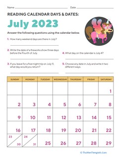 Reading Calendar Days and Dates: July 2023