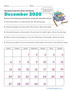 December 2020 Calendar: Days and Dates
