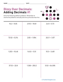 Dizzy Over Decimals: Adding Decimals #1