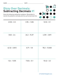 Dizzy Over Decimals: Subtracting Decimals #1