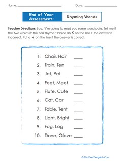 End of Year Assessment Phonemic Awareness: Rhyming Words