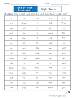 End of Year Assessment: Sight Words