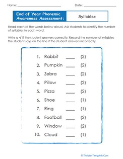 End of Year Phonemic Awareness Assessment: Syllables