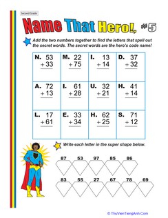 Name That Hero! Two-Digit Addition #5