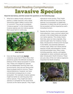 Informational Reading Comprehension: Invasive Species