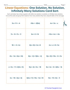 Linear Equations: One Solution, No Solution, Infinitely Many Solutions Card Sort