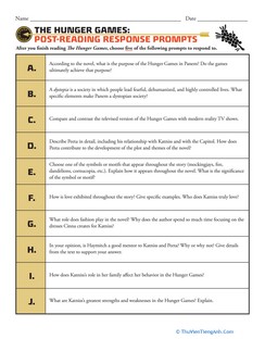 Novel Study: The Hunger Games: Post-Reading Response Prompts