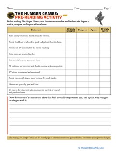 Novel Study: The Hunger Games: Pre-Reading Activity