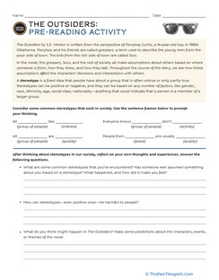 Novel Study: The Outsiders: Pre-Reading Activity