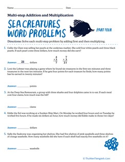 Sea Creatures Word Problems: Multi-step Addition and Multiplication