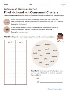 Phonics and Spelling Practice: Final -ch and -tch Consonant Clusters