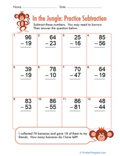 Two Digit Subtraction With Regrouping: In the Jungle