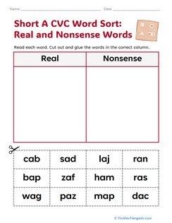 Short A CVC Word Sort: Real and Nonsense Words