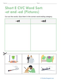 Short E CVC Word Sort: -et and -ed (Pictures)