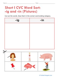 Short I CVC Word Sort: -ig and -in (Pictures)