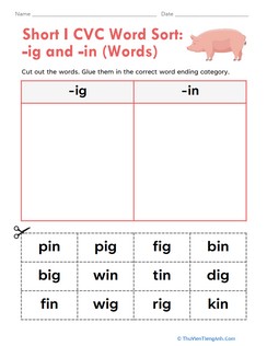 Short I CVC Word Sort: -ig and -in (Words)