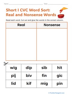 Short I CVC Word Sort: Real and Nonsense Words