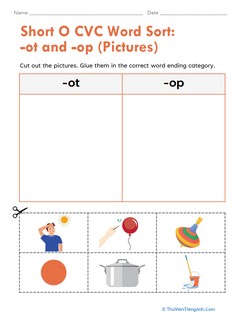Short O CVC Word Sort: -ot and -op (Pictures)