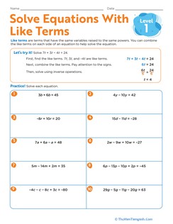 Solve Equations With Like Terms: Level 1