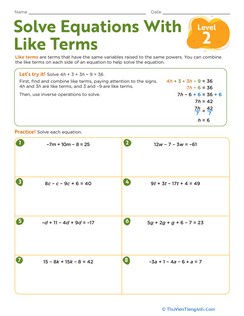 Solve Equations With Like Terms: Level 2