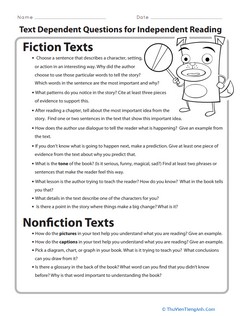 Text Dependent Questions for Independent Reading