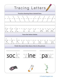 Tracing Lowercase Letters k,v,w