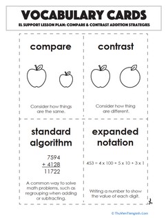 Vocabulary Cards: Compare & Contrast Addition Strategies