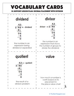 Vocabulary Cards: Decimal Placement with Division