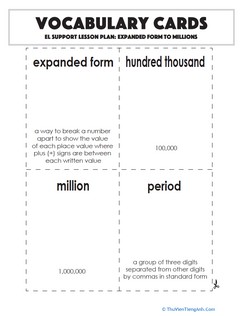 Vocabulary Cards: Expanded Form to Millions