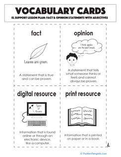 Vocabulary Cards: Fact & Opinion Statements with Adjectives