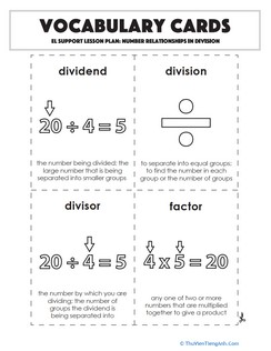 Vocabulary Cards: Number Relationships in Division