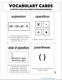 Vocabulary Cards: Order of Operations Sequencing