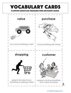 Vocabulary Cards: Purchasing Items and Making Change