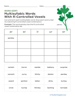 Word Sort: Multisyllabic Words with R-Controlled Vowels