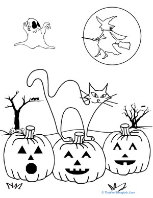 Color the Spooky Halloween Scene