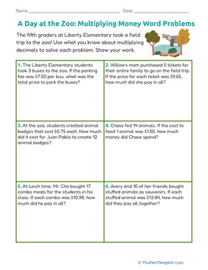 A Day at the Zoo: Multiplying Money Word Problems