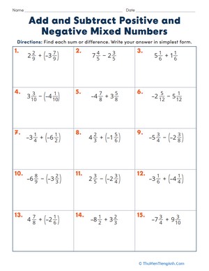 Add and Subtract Positive and Negative Mixed Numbers