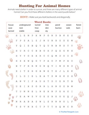 Animal Homes Word Search